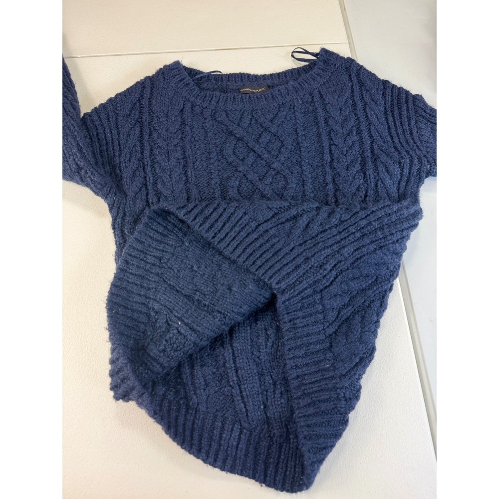 Banana Republic Blue Cable Knit Cropped Sweater Classic Crew Neck PulloverM wool - Picture 4 of 6